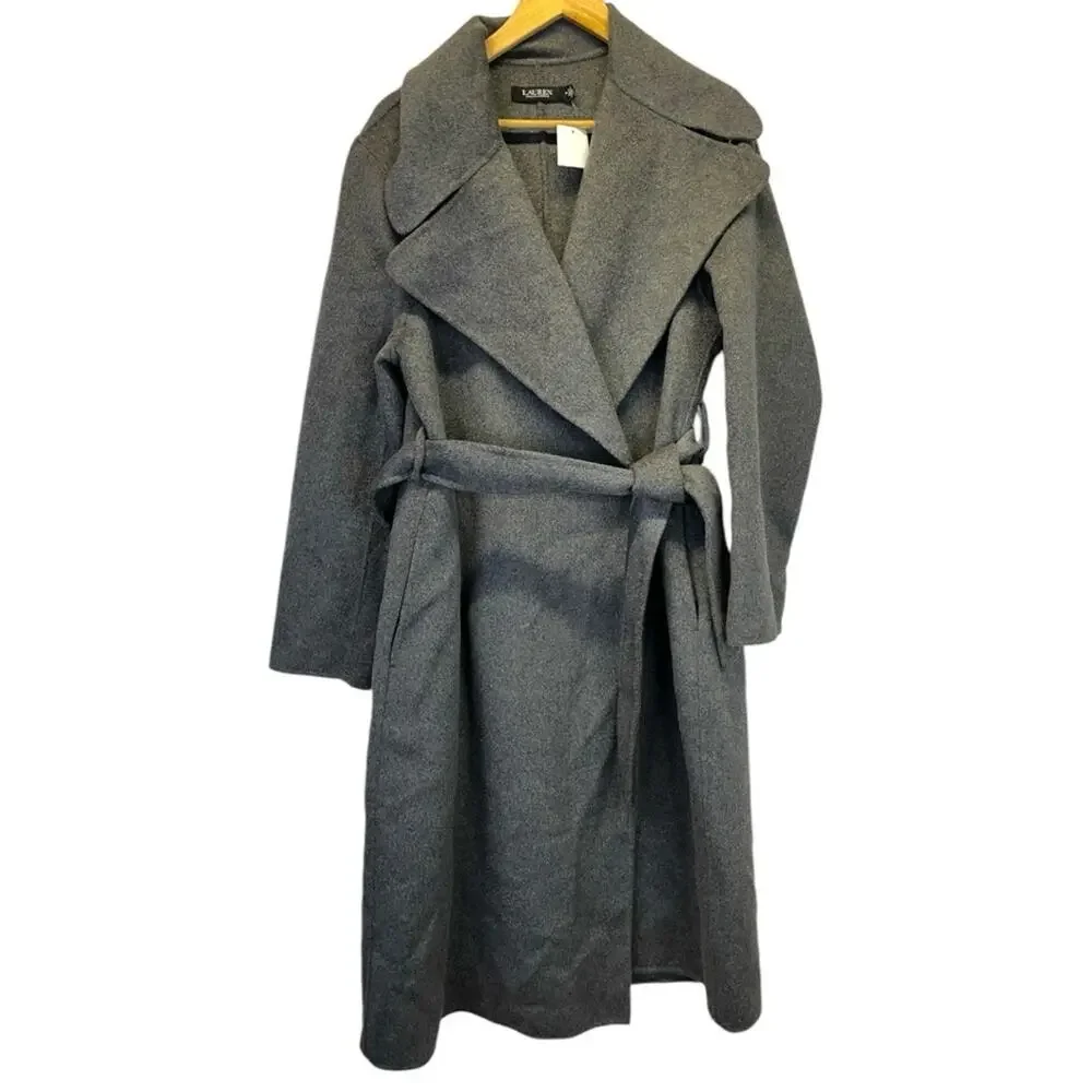 Lauren Ralph Lauren Belted Wool Blend Wrap coat gray - 14 - Picture 2 of 11